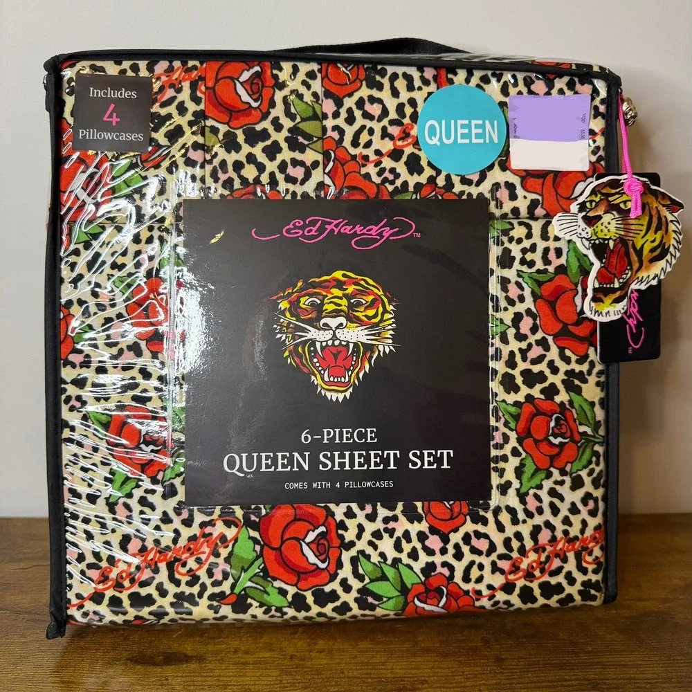 New Ed Hardy Queen 6 Pc Double Brushed Sheet Set Leopard Red Roses Bedding Y2K
